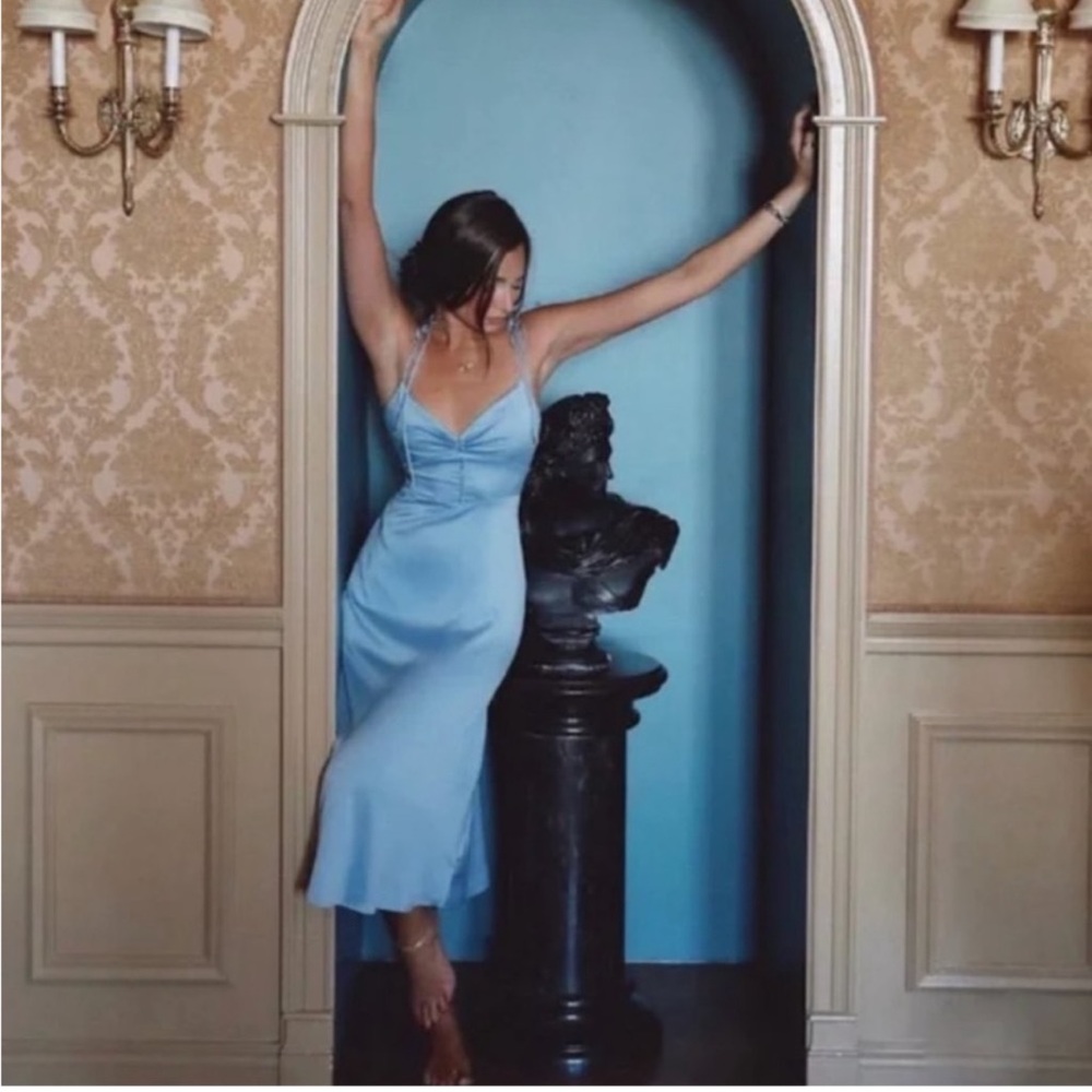 Blue satin dress with button detailing